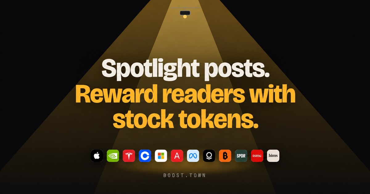 Boost Town preview: amber spotlight beams over a row of stock token logos